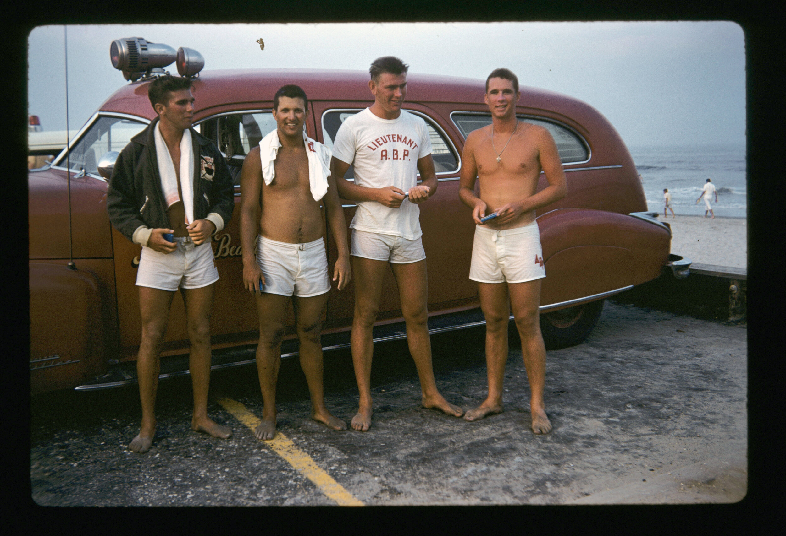 Avalon Beach Patrol’s 1960 winning surf relay team at the  Stone Harbor boat and swim races: from left, Ed Sutter,  Harvey Knauer, Lt. Ralph Simpson and Bill McKeaney.
