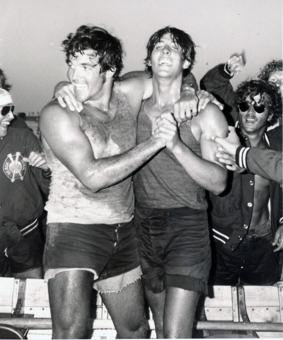 The Stone Harbor Beach Patrol’s Ralph Jacobs and Rick Stewart celebrate their 1971 South Jersey doubles rowing championship.