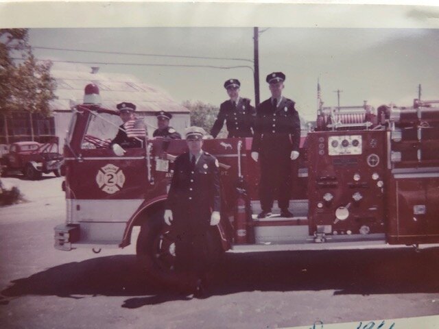 Chief Bill Tozour (center) with members of the Avalon Volunteer Fire Department during the  Memorial Day Parade in 1961.