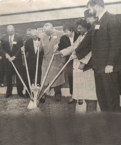 Bill Tozour holds the middle handle of a five-handle shovel at the groundbreaking for  an addition to Cape May County Technical High School, which was his “pride and joy.”