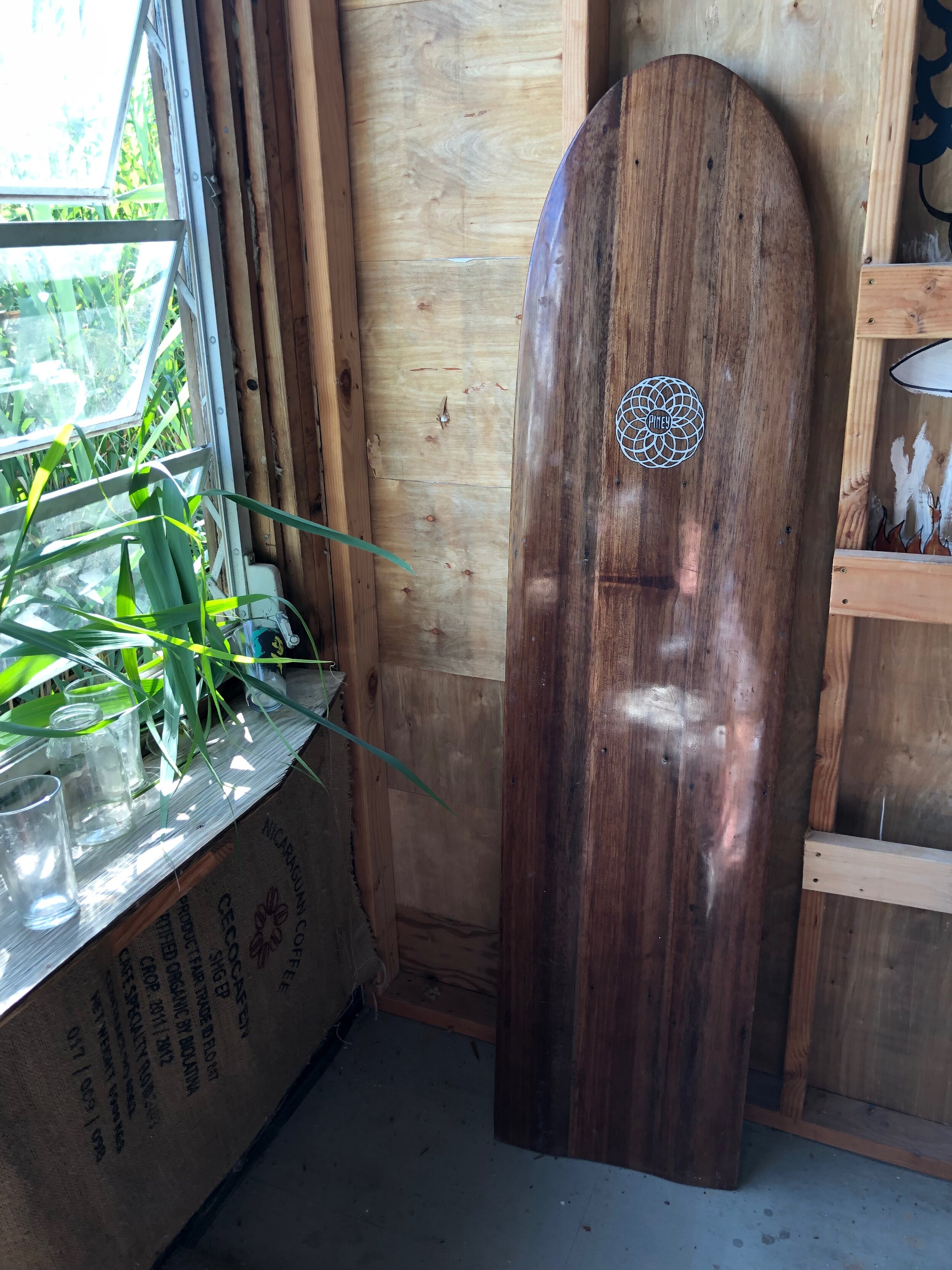An alaia board (a traditional flat wooden Hawaiian surfboard with no fins) that Carney shaped. 