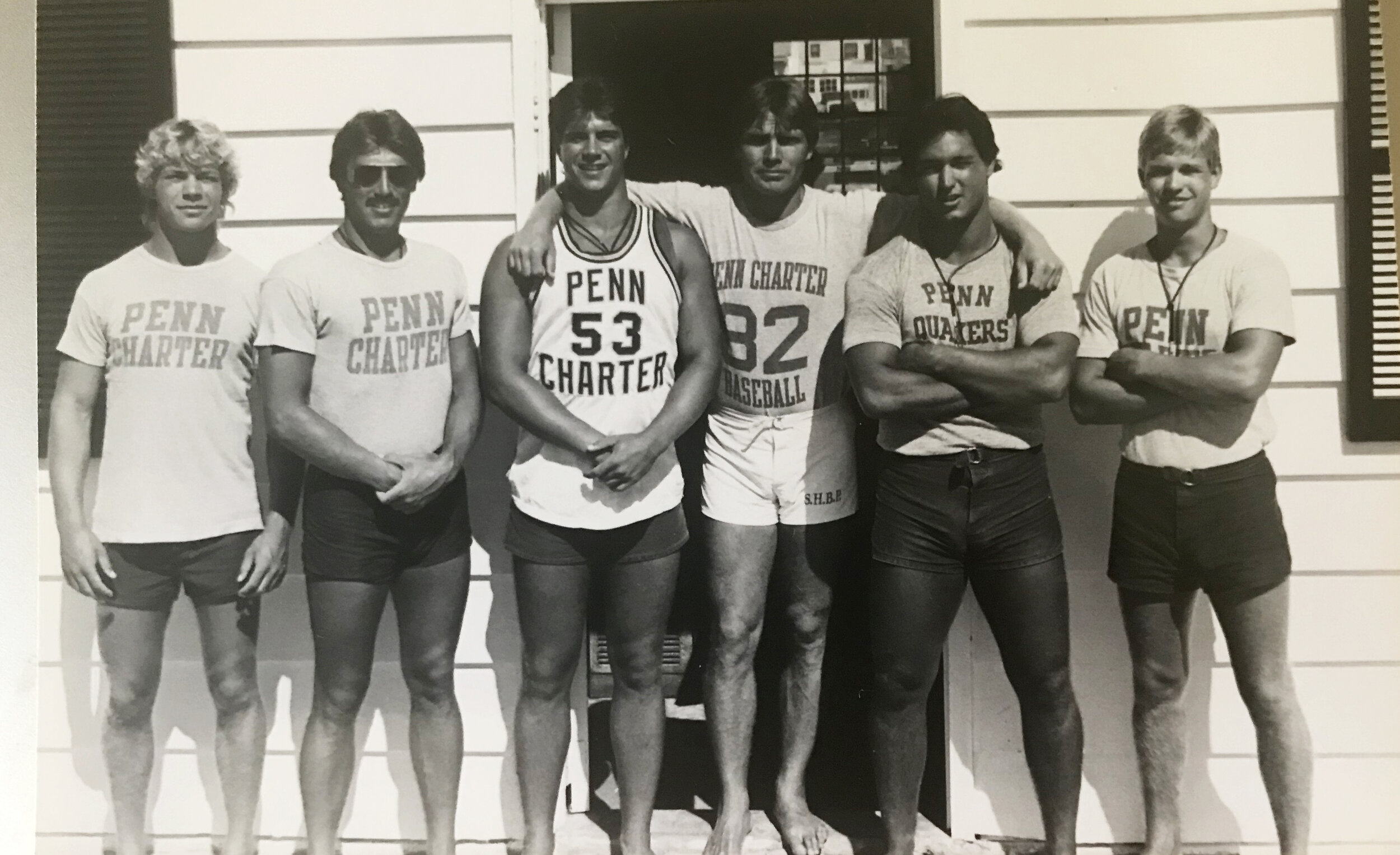 The Penn Charter guards in front of the SHBP shack (from left): John Hack,  Buck Henry, Jay Curcio, Rickey Mellor, Ed Malandro and Ron McCloskey.