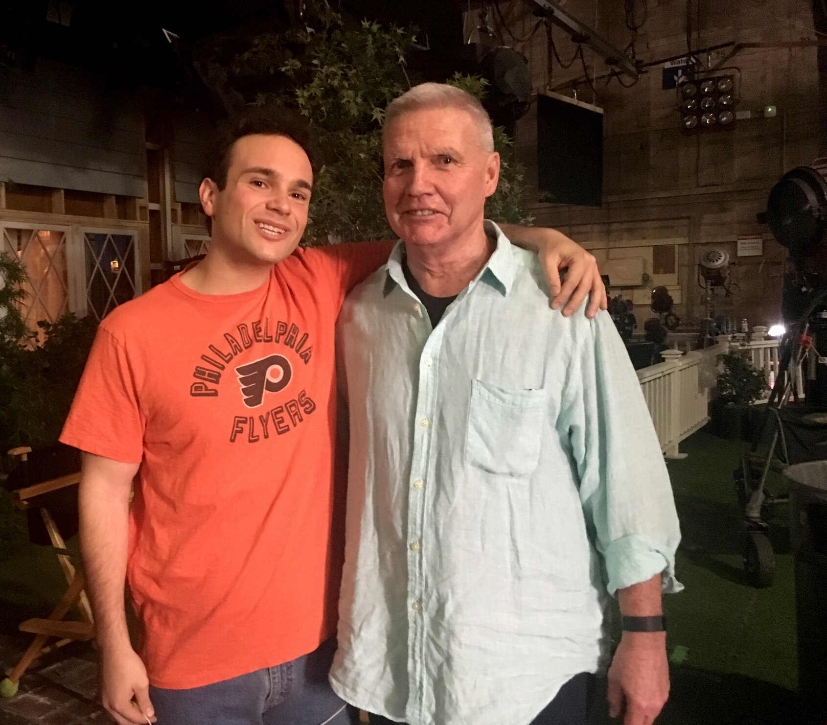 Rickey Mellor poses on the set in California with Troy Gentile, who plays Barry Goldberg.
