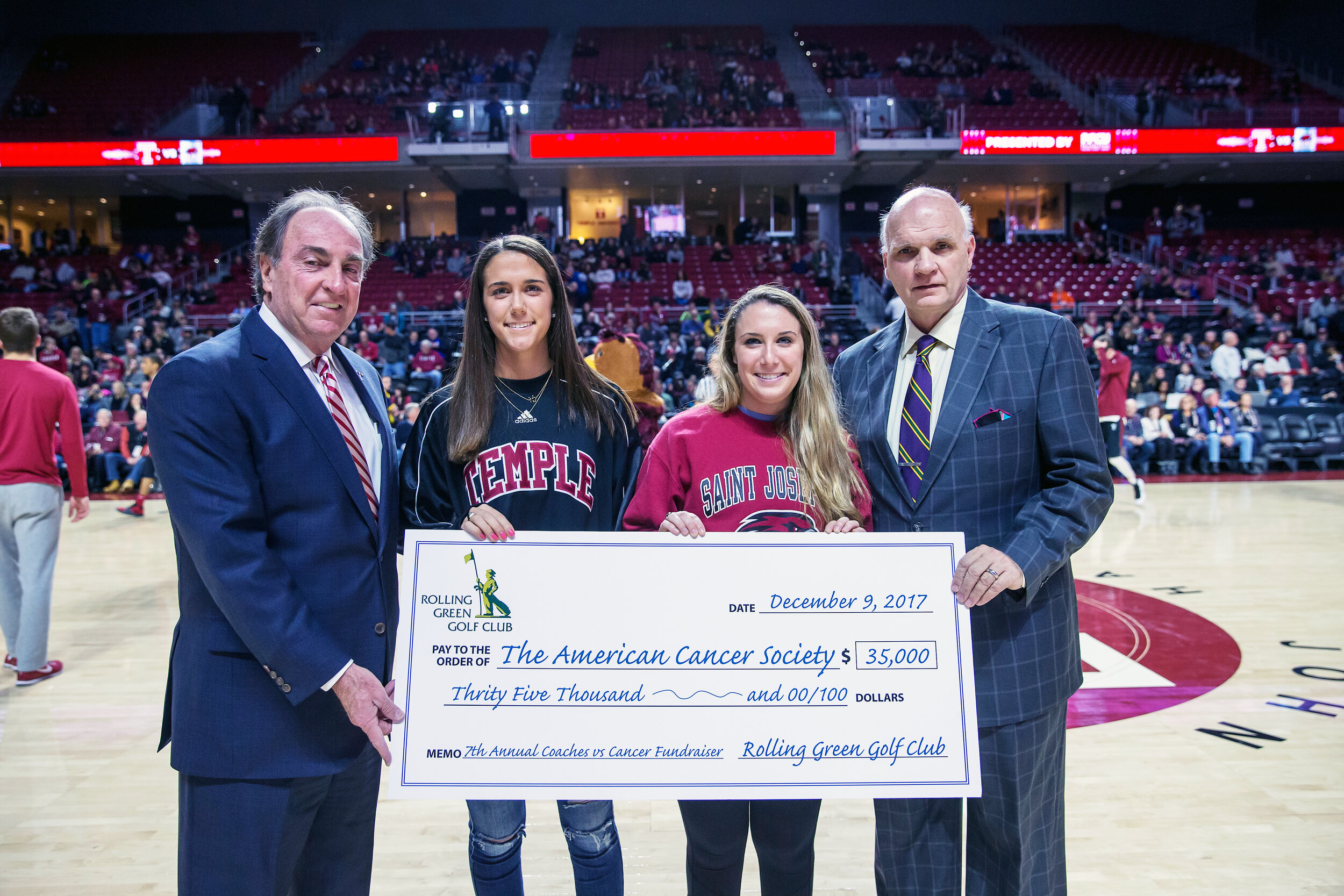 Fran Dunphy and Phil Martelli present a check to the American Cancer Society