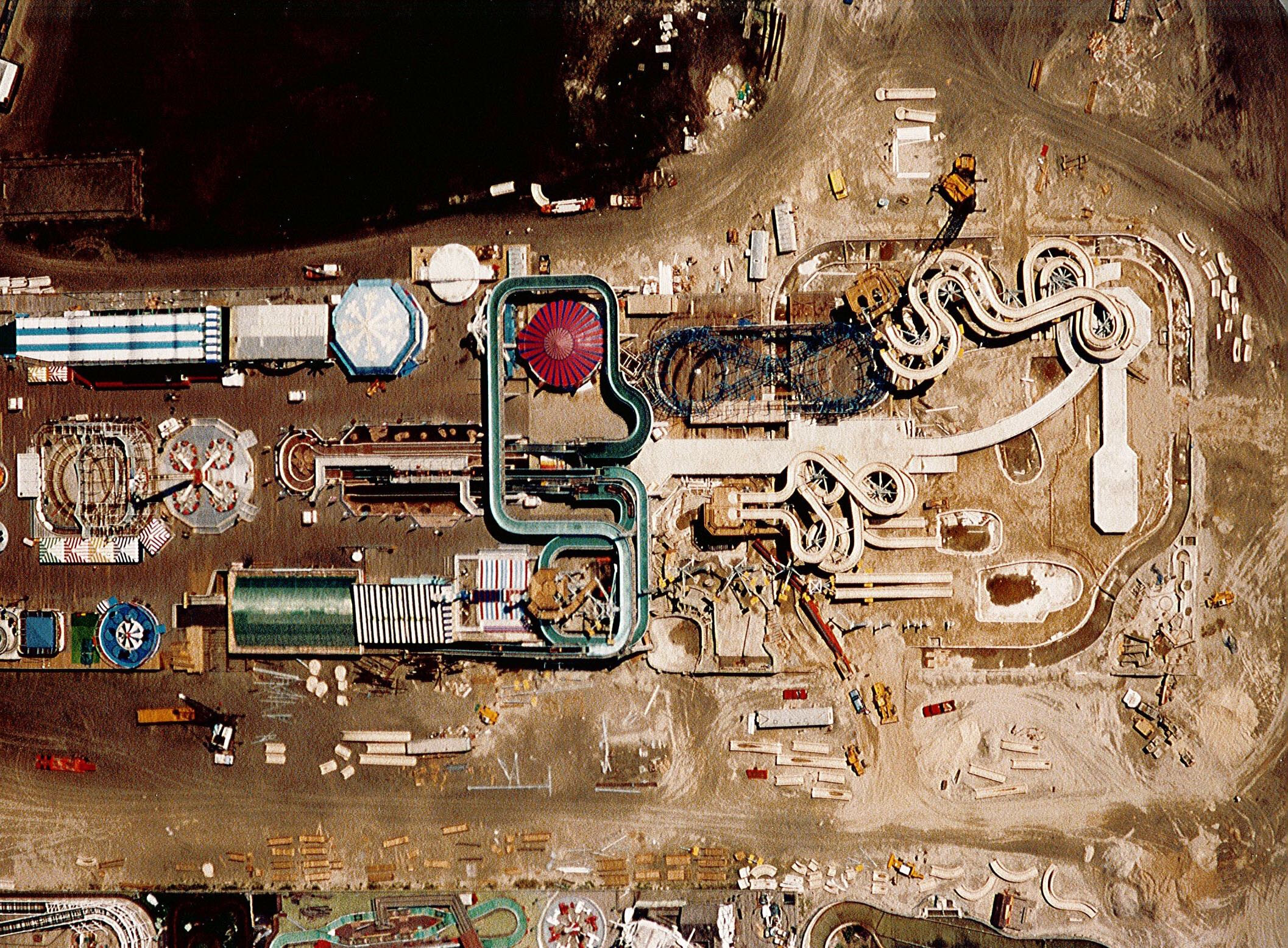 An aerial photo of the construction of the second Raging Waters water park on Morey’s Surfside Pier in 1988 – the facility was relaunched as Ocean Oasis water park in 2006.