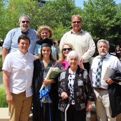  Bill and Patty Stump (top row, with her brother, Charlie Brewin), at daughter Tricia’s graduation. Middle (from left): Ryan Haig, Tricia, Linda Brewin, Jay Stump (Bill’s brother); Front: Fran Brewin, Patty’s mother. 