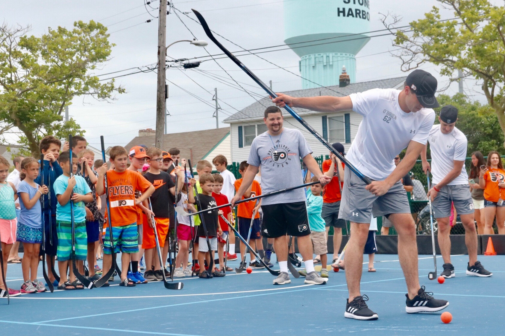 Jay O’Brien demonstrates a slap shot.