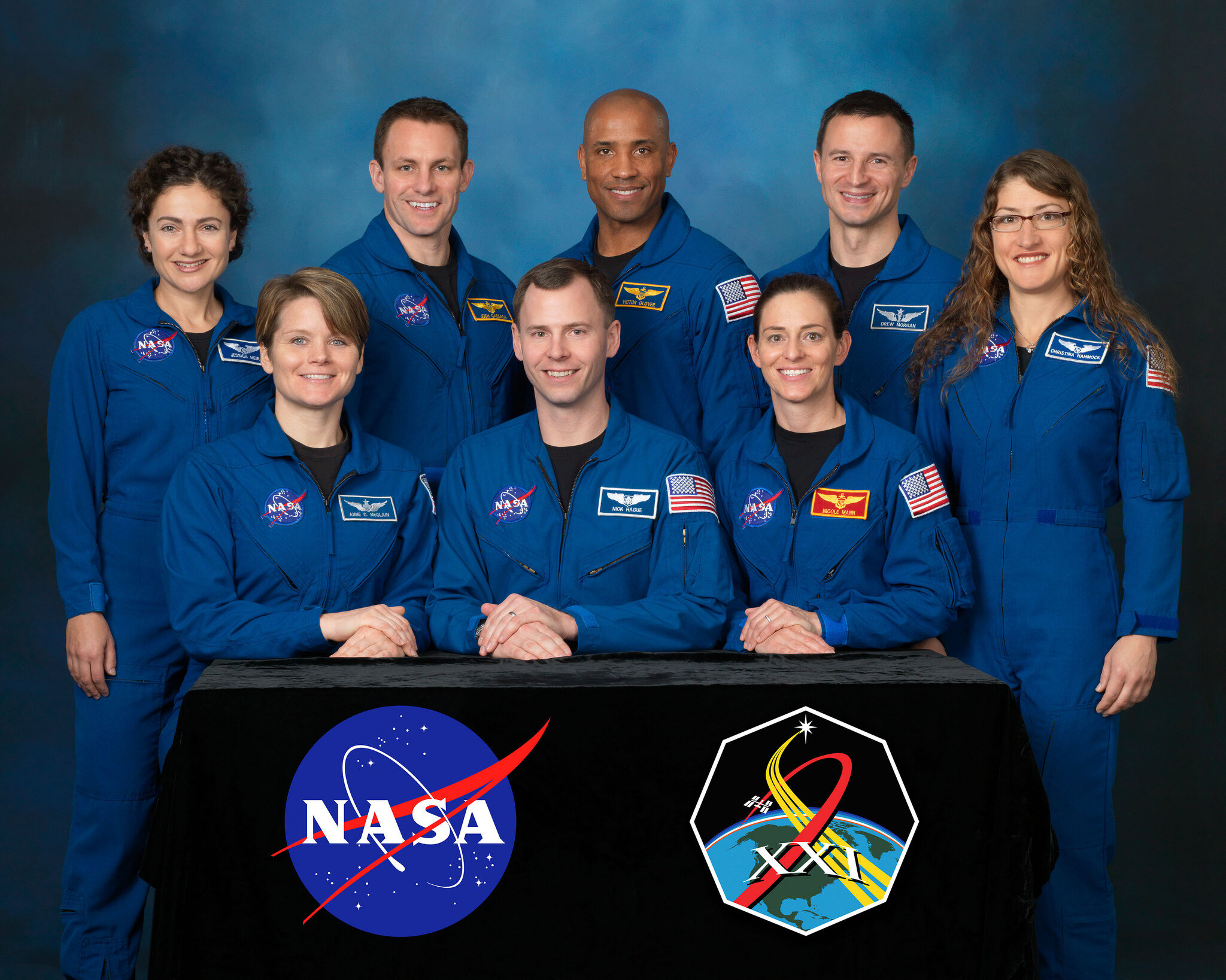  The 2013 class of NASA astronauts: (front row, from left) Anne McClain, Nick Hague, Nicole Aunapu Mann; (back row) Jessica Meir, Josh Cassada, Victor Glover, Andrew Morgan, Christina Hammock. Photo courtesy of NASA 