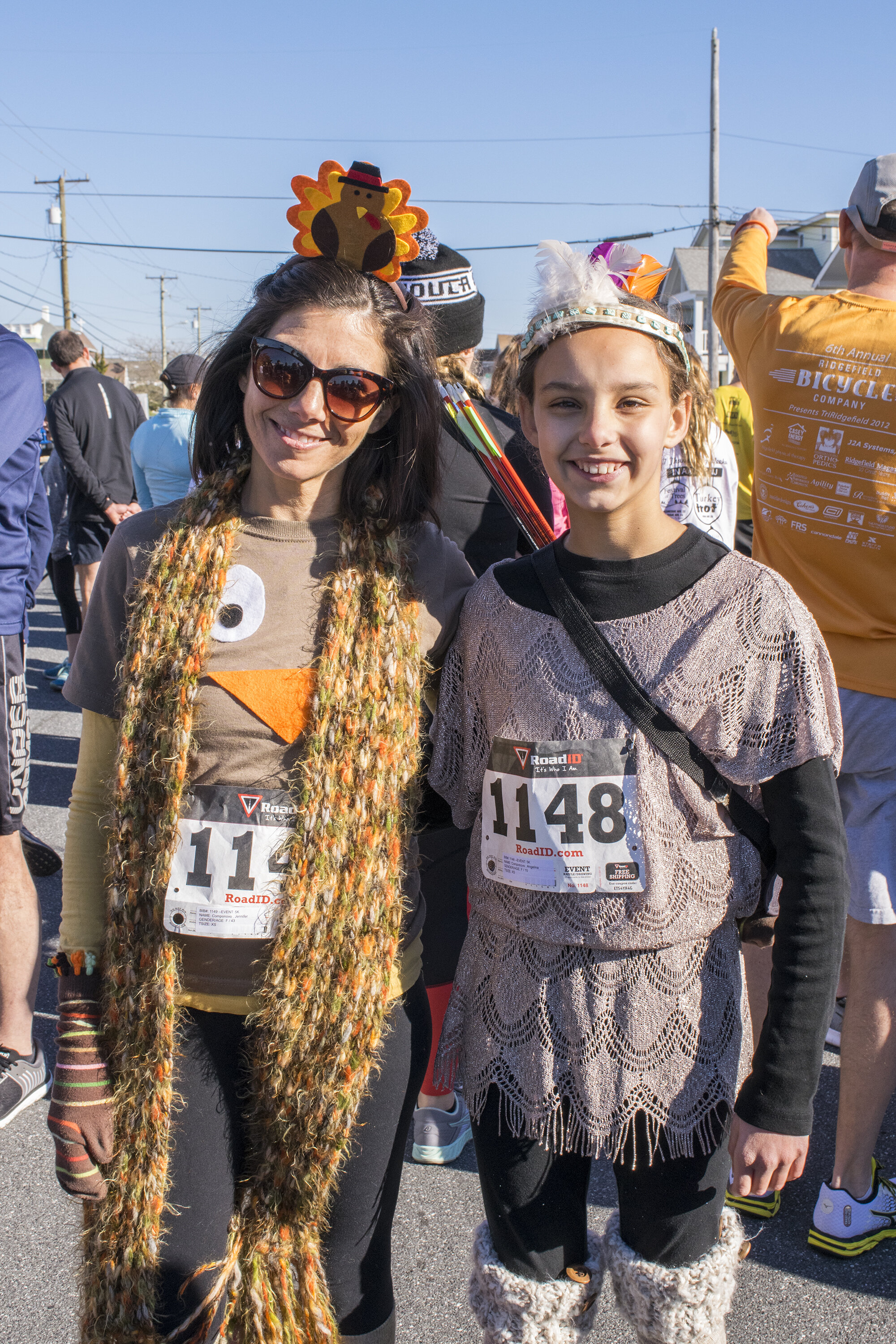 Jenny and Angelina Componova in  Thanksgiving costumes for the Turkey Trot. 