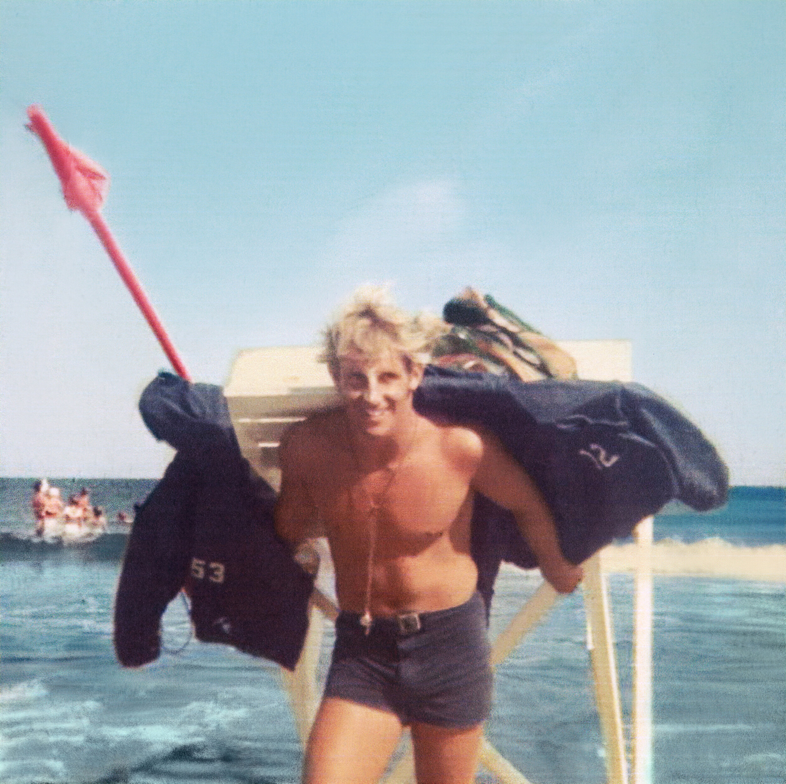 As a rookie lifeguard in 1968, bringing up the stand.