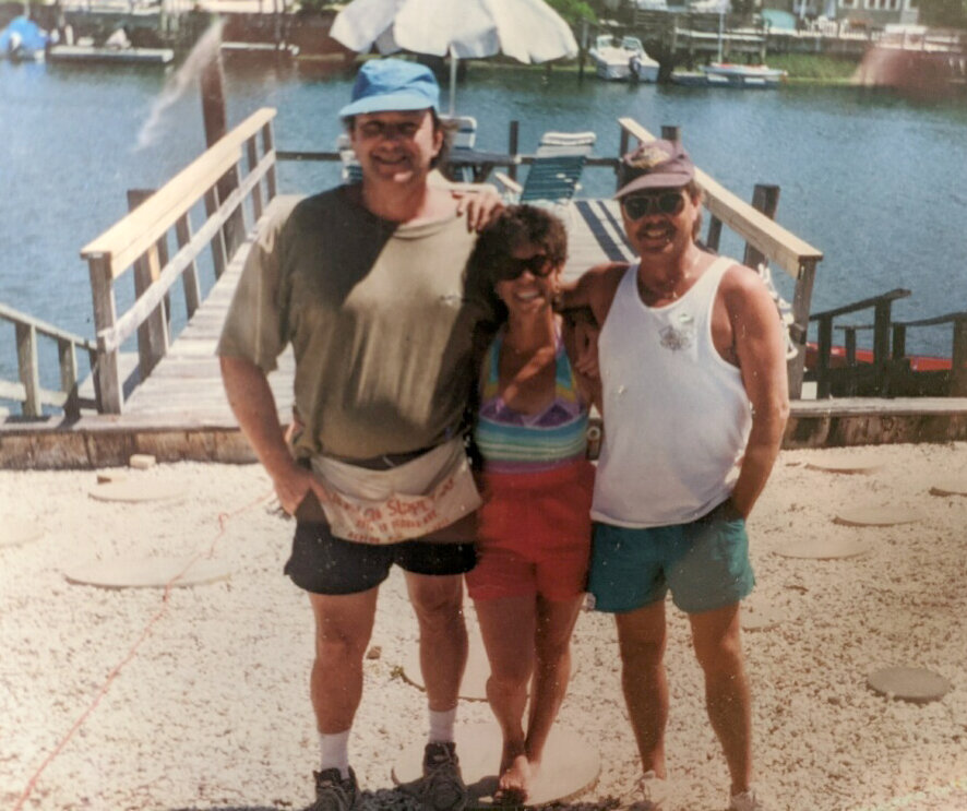 Pam surrounded by friends Gary Naughton and Bob Kostin circa 1990. Note the Avalon Supply nail apron.