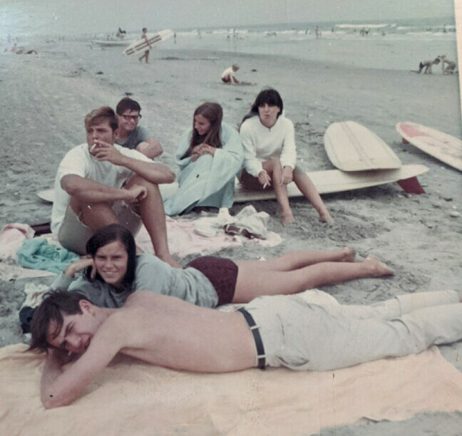 Friends on Avalon’s surfing beach, summer of 1967.