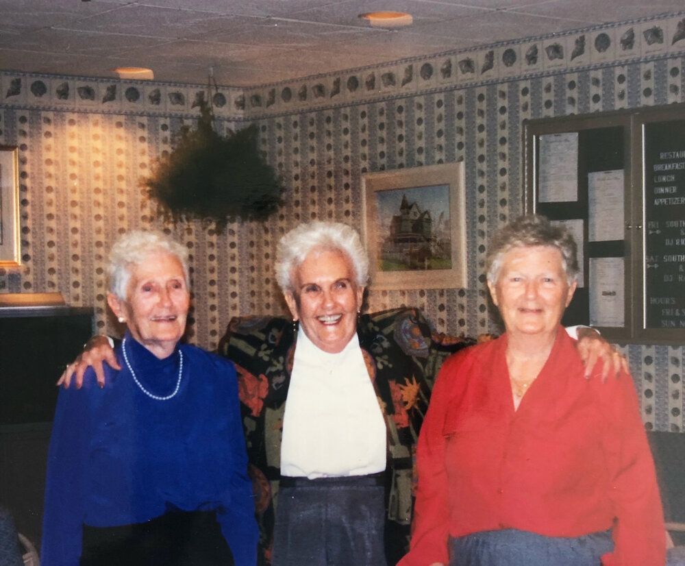 Ellen Byrnes (right) with her sisters Lucille Holderness (left) and Loretta Morgan  at Ellen’s surprise 75th birthday party at the Windrift.