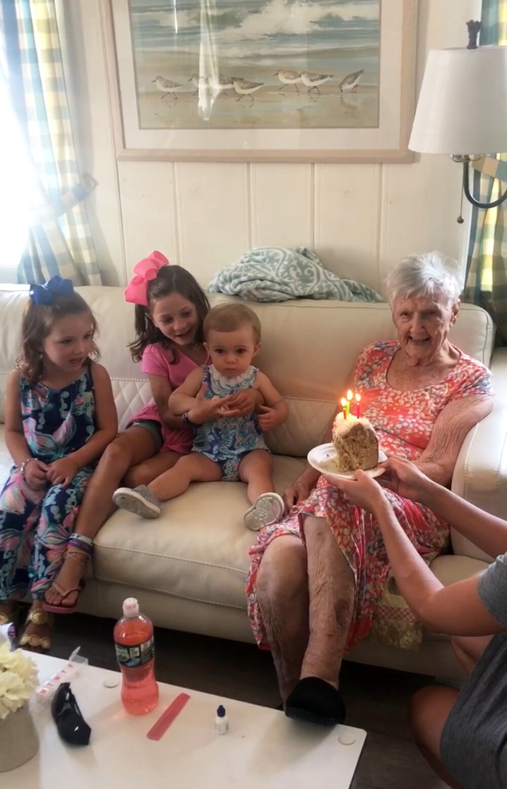 From left, great-granddaughters Ella, Grace and Clare  help celebrate Nan’s 95th birthday in 2019.