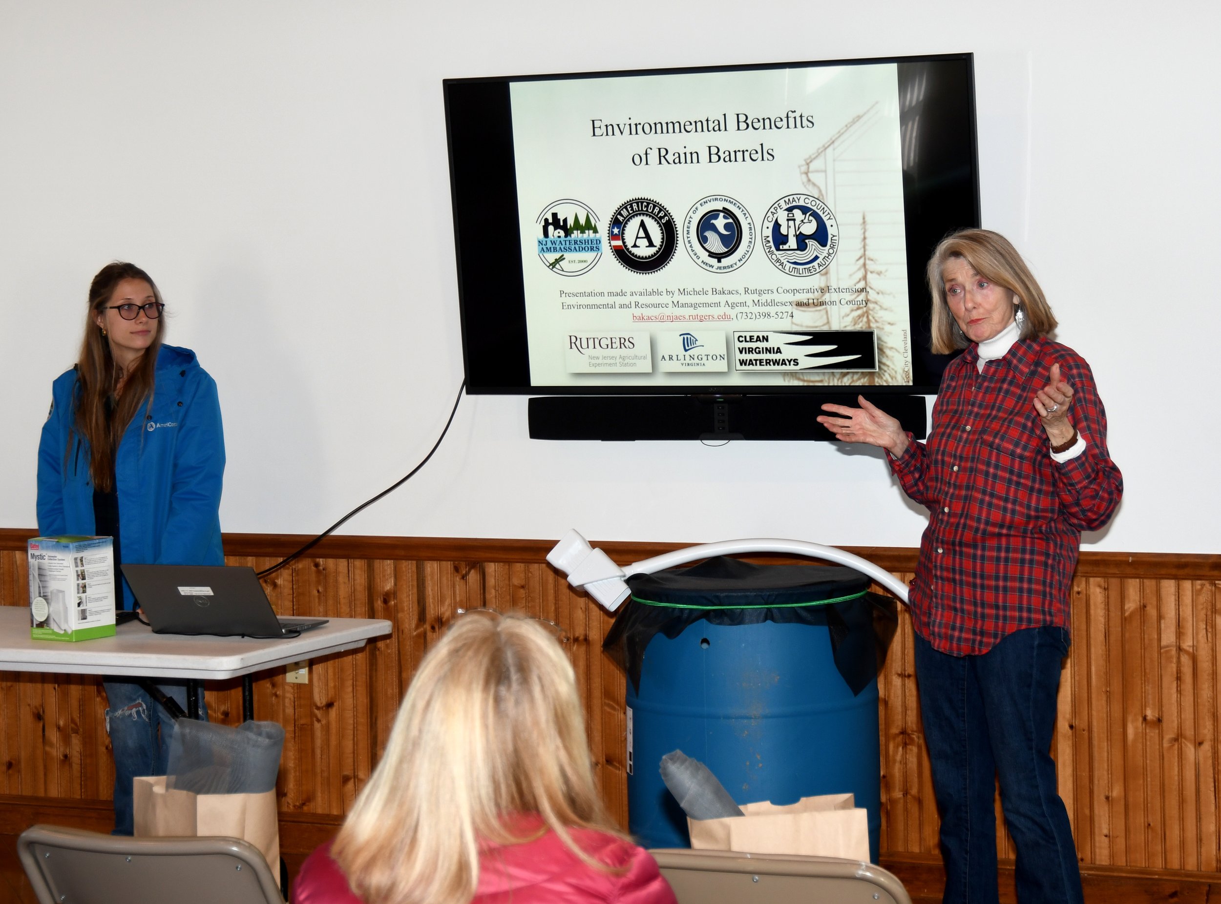 Avalon Environmental Commission chair Donna Rothman speaks about the benefits of rain barrels for water conservation April 30