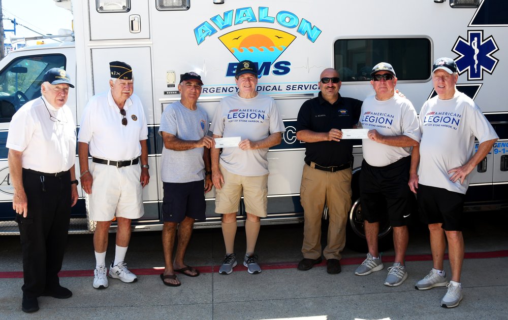  American Legion Post 331 made donations of $1,000 each to the Stone Harbor and Avalon fire departments in June. From left: Betz, Faint, AFD Treasurer Carmen Scarpa, Ready, AFD EMT Kevin Scarpa, McCullough and Brown. 
