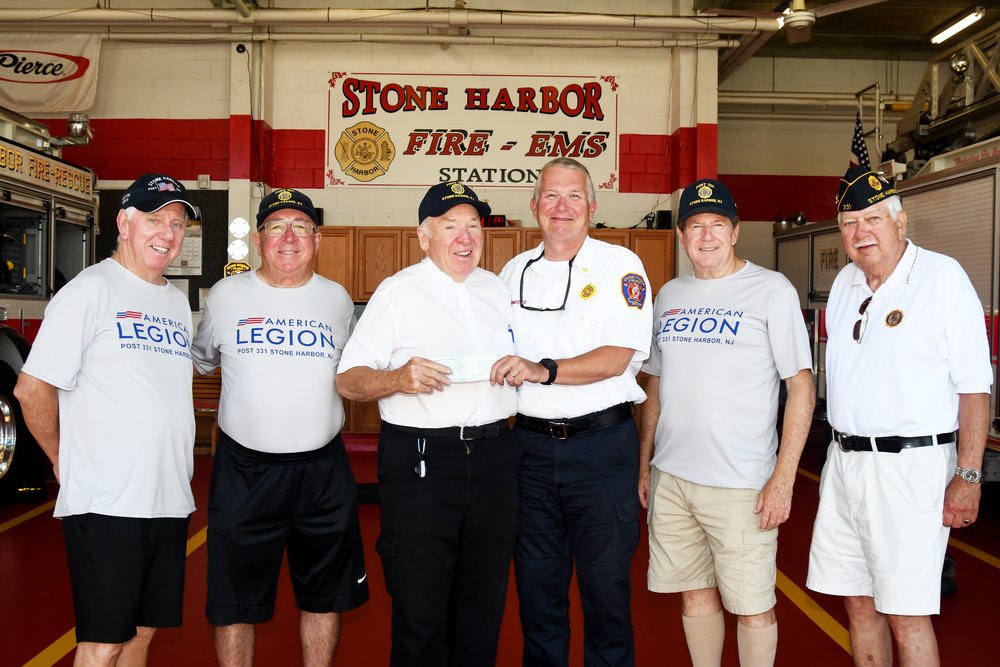  American Legion Post 331 made donations of $1,000 each to the Stone Harbor and Avalon fire departments in June. Above, from left: Post 331’s Dan Brown, Tom McCullough, Chaplain James Betz, SHFD Chief Roger Sanford, Jon Ready and Art Faint. 