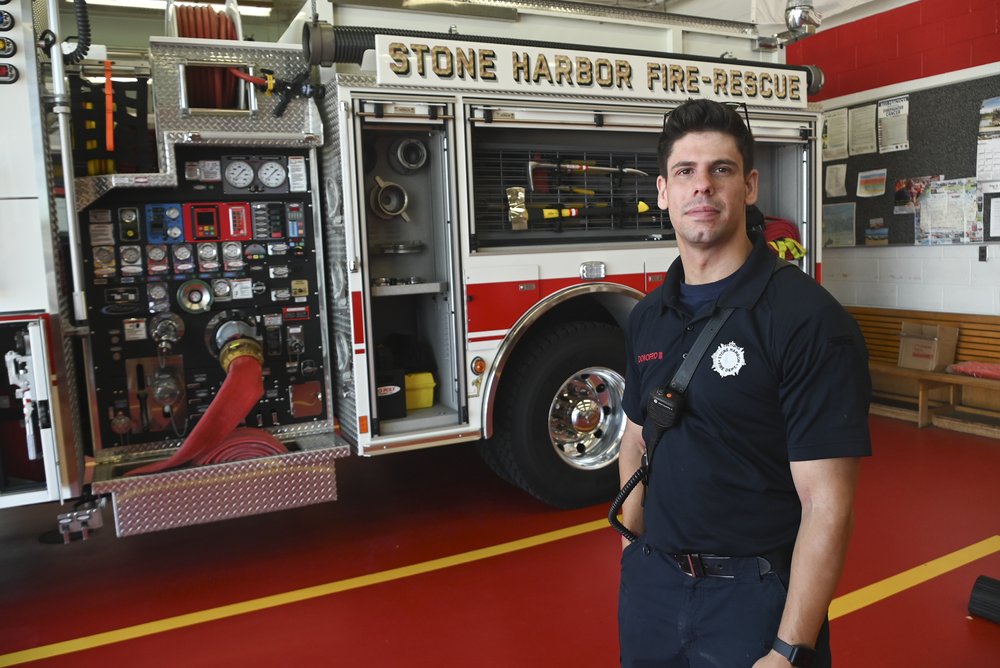 Stone Harbor firefighter Lou Donofrio III at the station. He has been a member of the company for more than six years, and a full-timer for more than a year.
