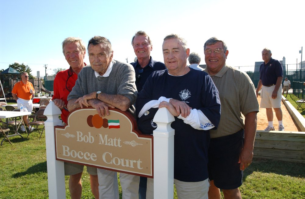 The Bob Matt Bocce Court. Left to right: Mayor Marty Pagliughi, Bob Matt,  and Councilmen Chuck Covington, Joe Tipping and Dave Ellenberg.