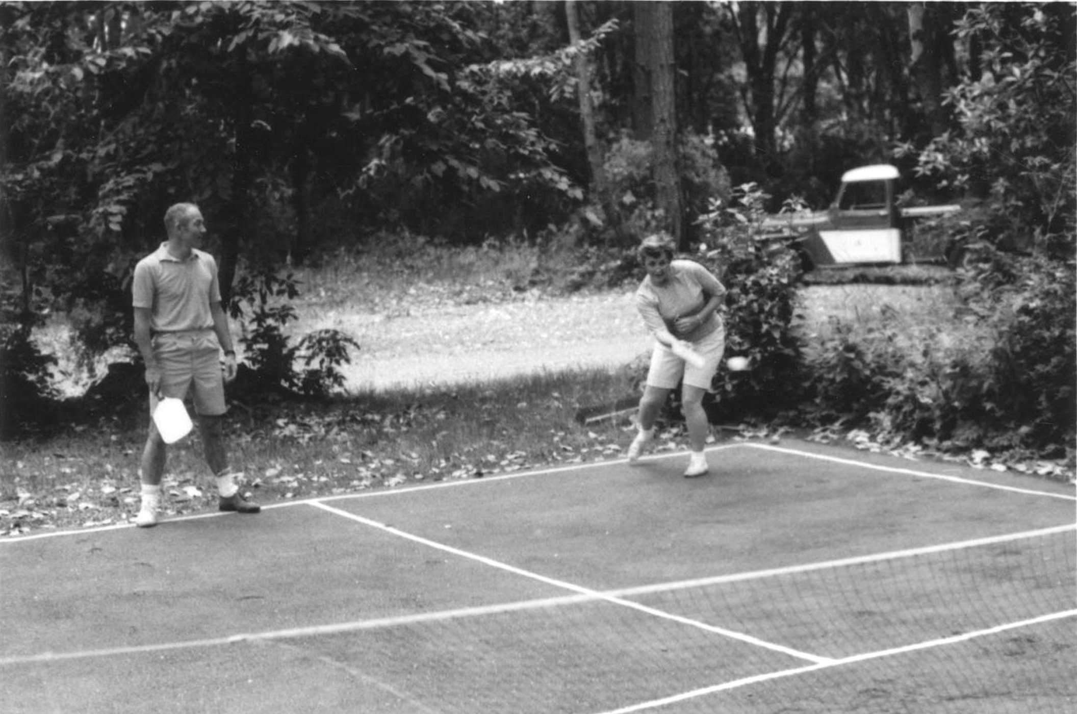 Pickleball founders Joe and Joan Pritchard play on the court where it all started in 1965. (Photo courtesy of USA Pickleball)