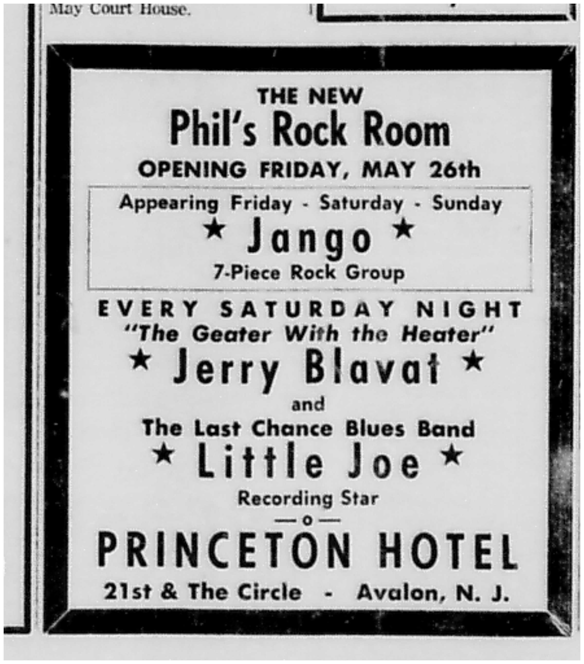 A newspaper advertisement from May 1972 promoting Jerry as the opening headliner  for the grand opening of Phil’s Rock Room.