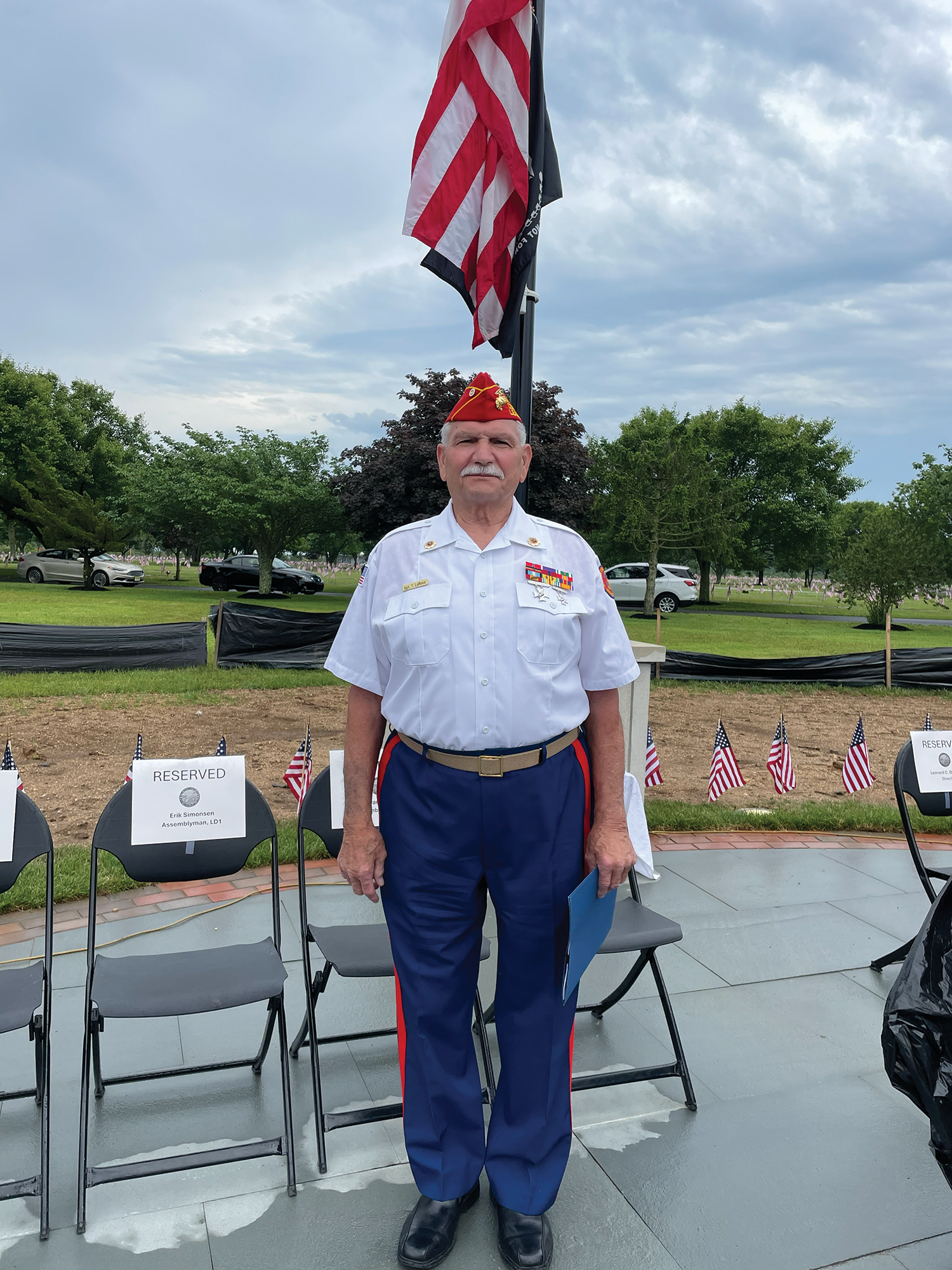 LaRosa has given a number of Memorial Day speeches.  Here he poses in the Marine Corps League uniform at the Cape May County Veterans Cemetery in Cape May Court House, where he spoke last year.