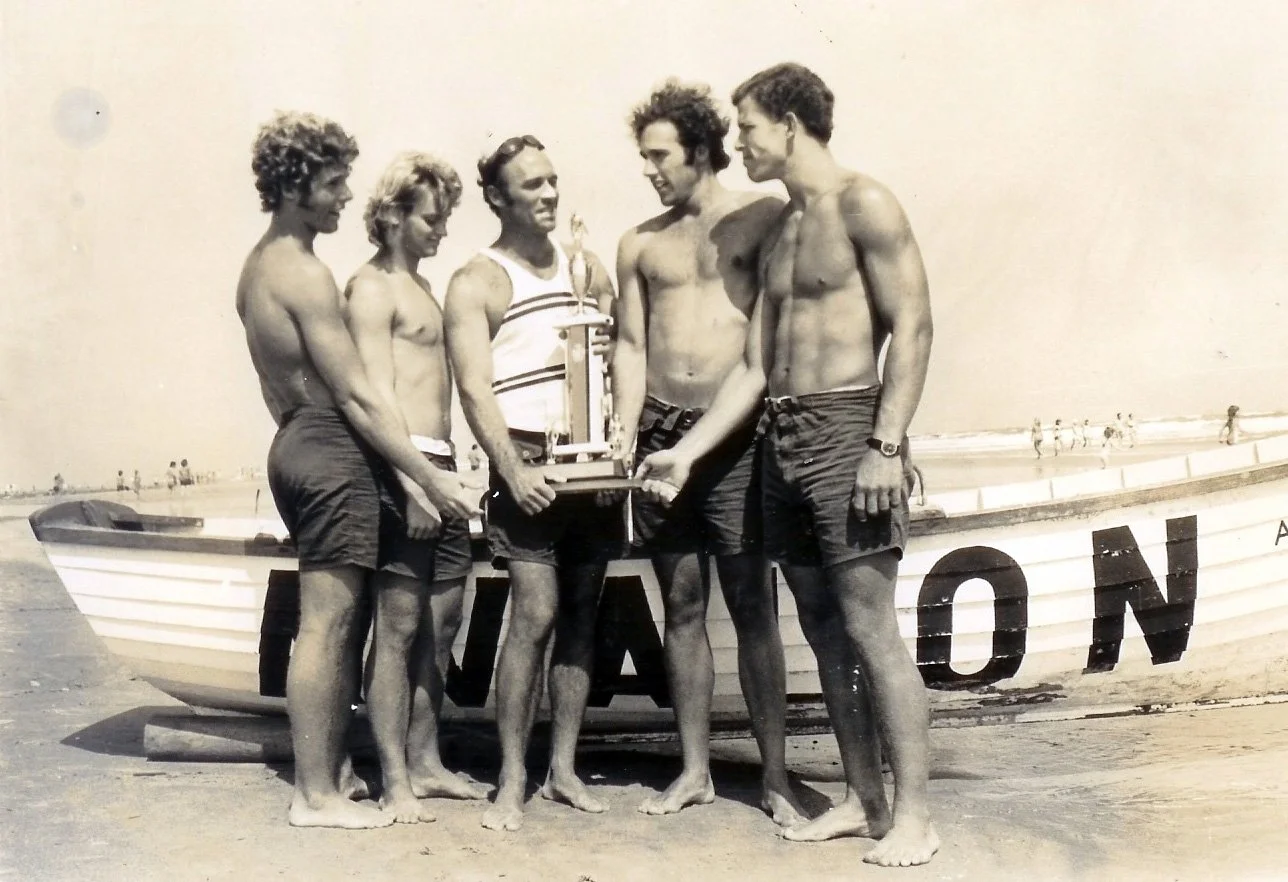 Members of the 1973 Avalon Beach Patrol celebrate Avalon's first team championship.  It was the first championship south of Ocean City since 1936 and only the second ever.
