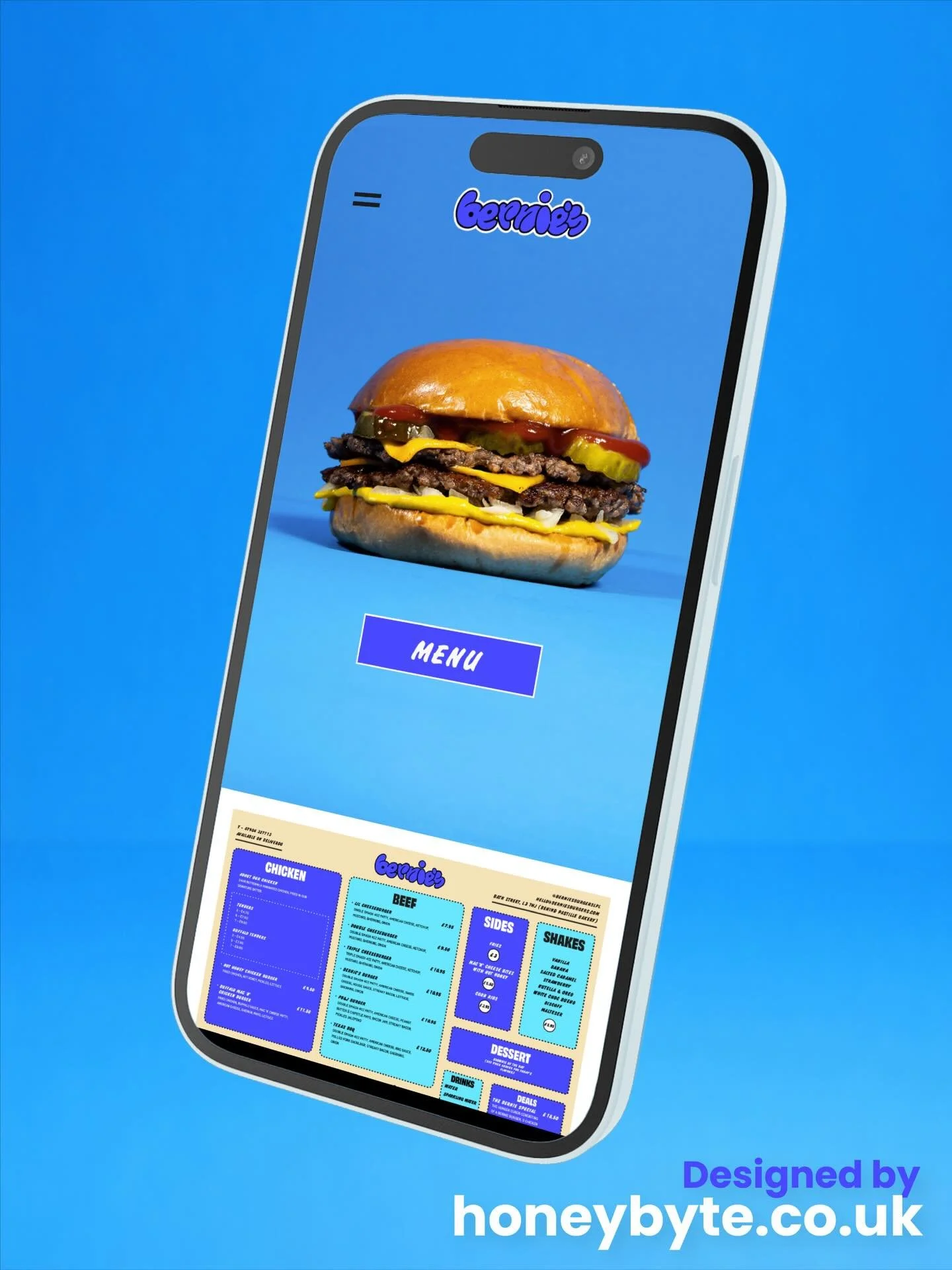 We help Bernie&rsquo;s Burgers 🍔 with all aspects of their design work, from menu design to leaflets and signs. We are now very pleased to help launch their new website in line with their branding.

berniesburgers.com

Designed to highlight the food