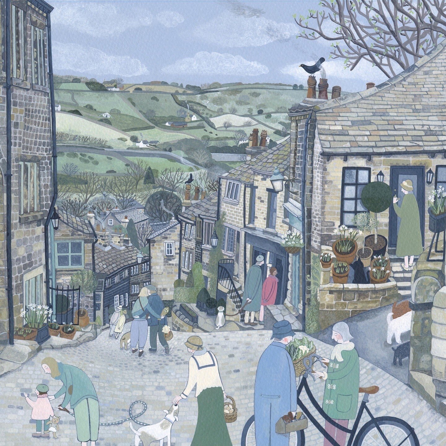 ' The Village Is Busy Today '
Good morning, I have a new piece of work to show you. Inspired by the village of Haworth in Bront&euml; country. I painted a tiny version of this street at Christmas but I enjoyed painting it so much I wanted to paint it