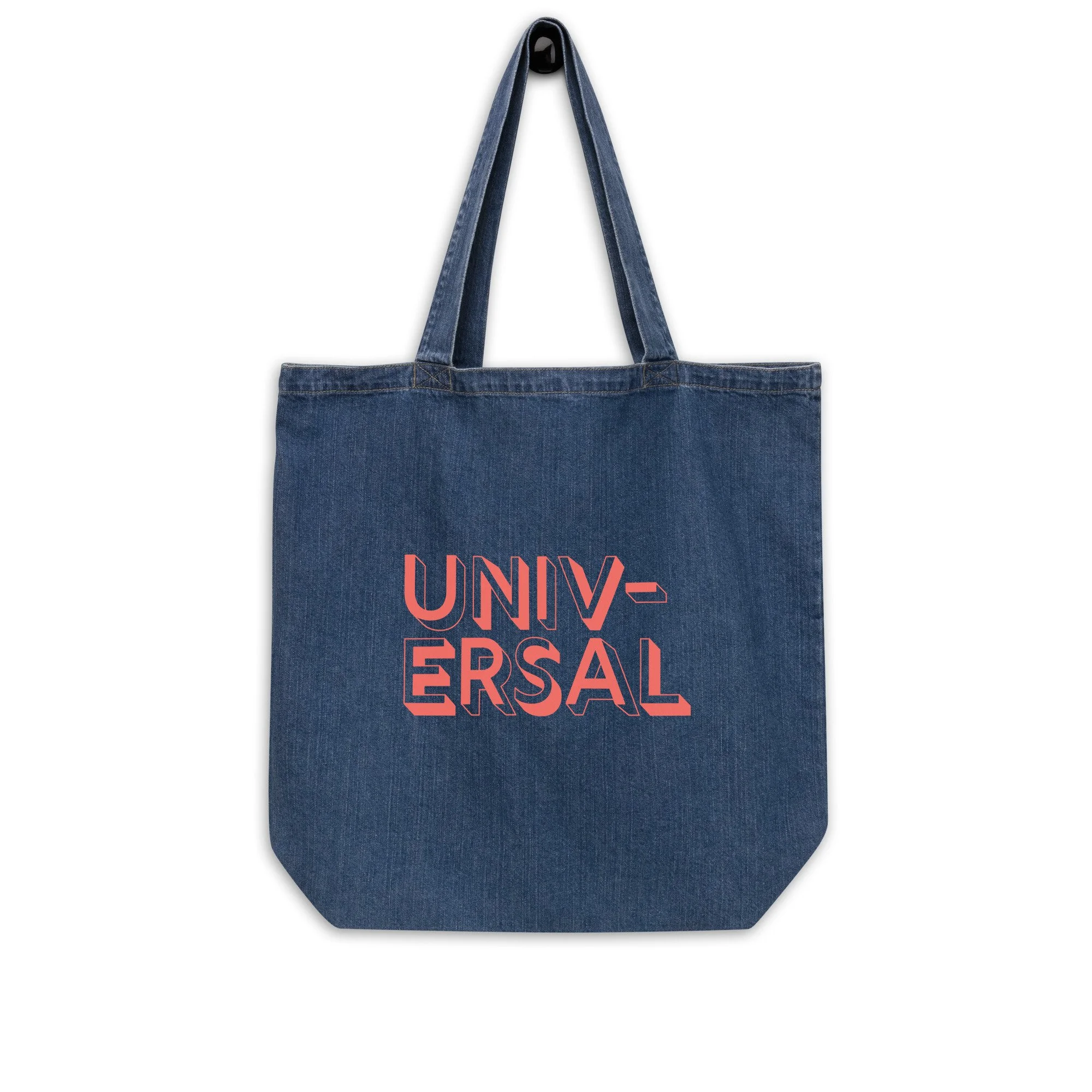 Image of the front of a large denim tote bag on a white background with the word, Universal, printed in a red, outlined font.