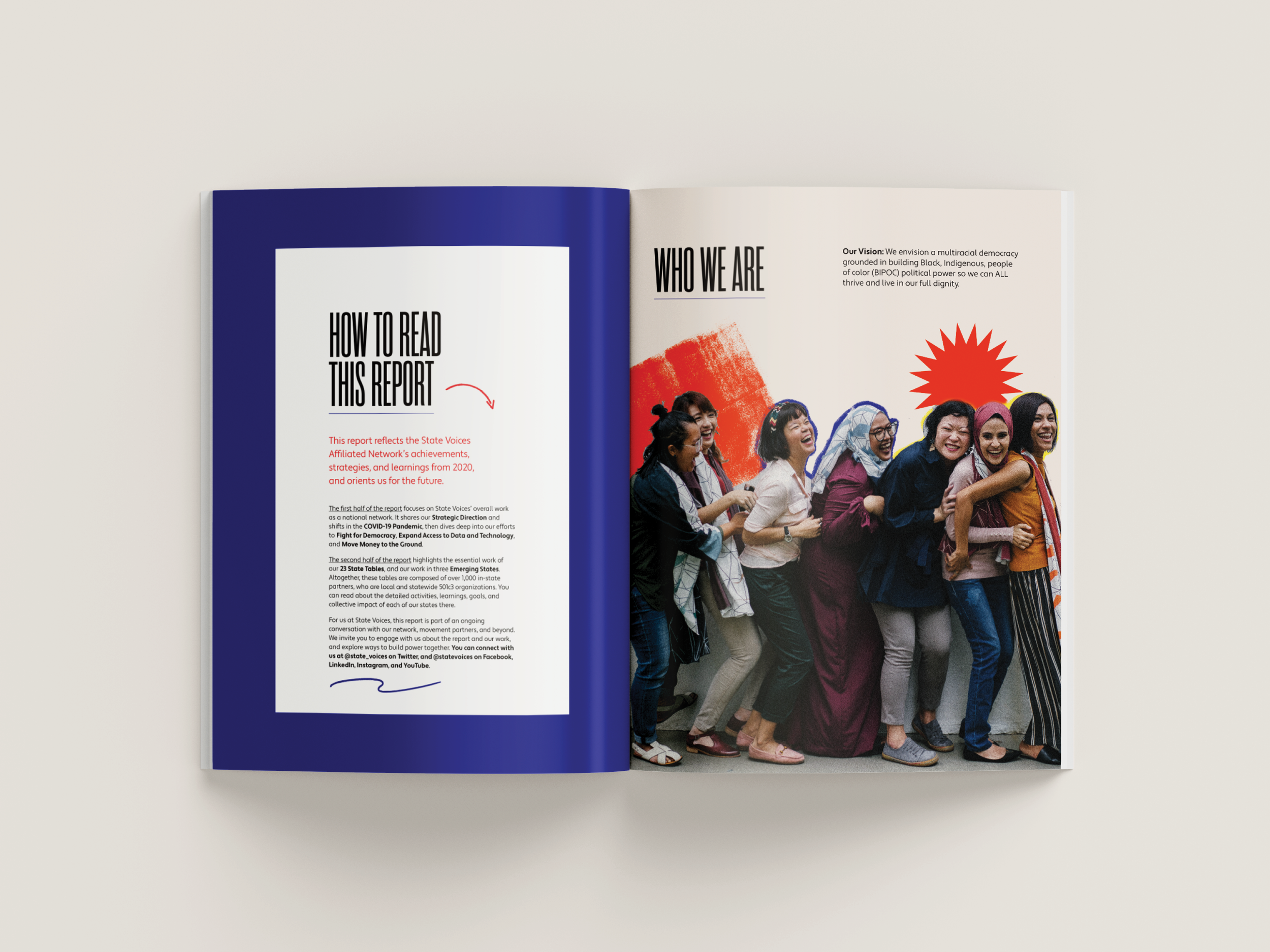  Image of an open magazine. The left page has a thick blue border and says, How to Read This Report. The right hand page features a large photo of diverse women laughing and smiling while standing in line. They are cut out and a large red starburst a