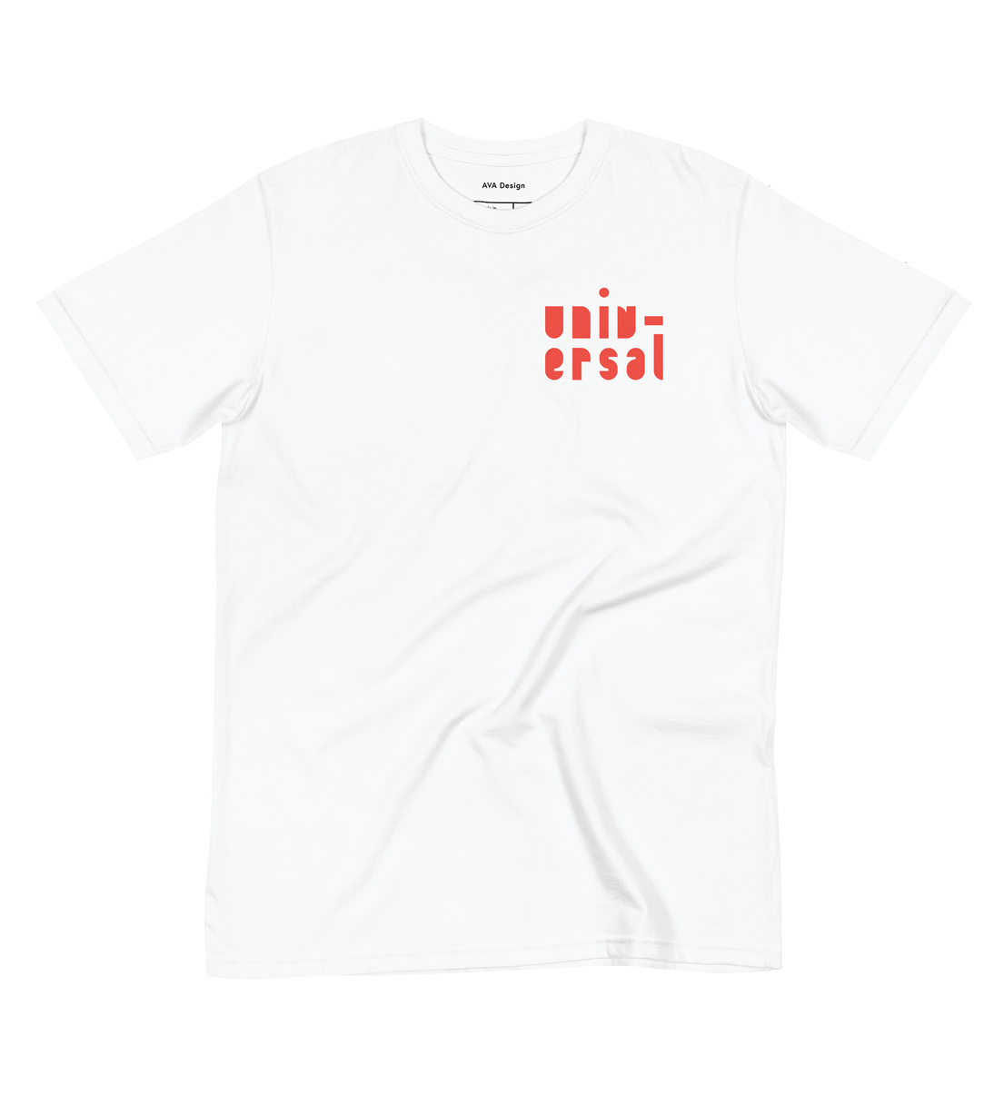 Classic white t-shirt with the word Universal printed in warm red in a stacked format on the left side in a funky custom font.