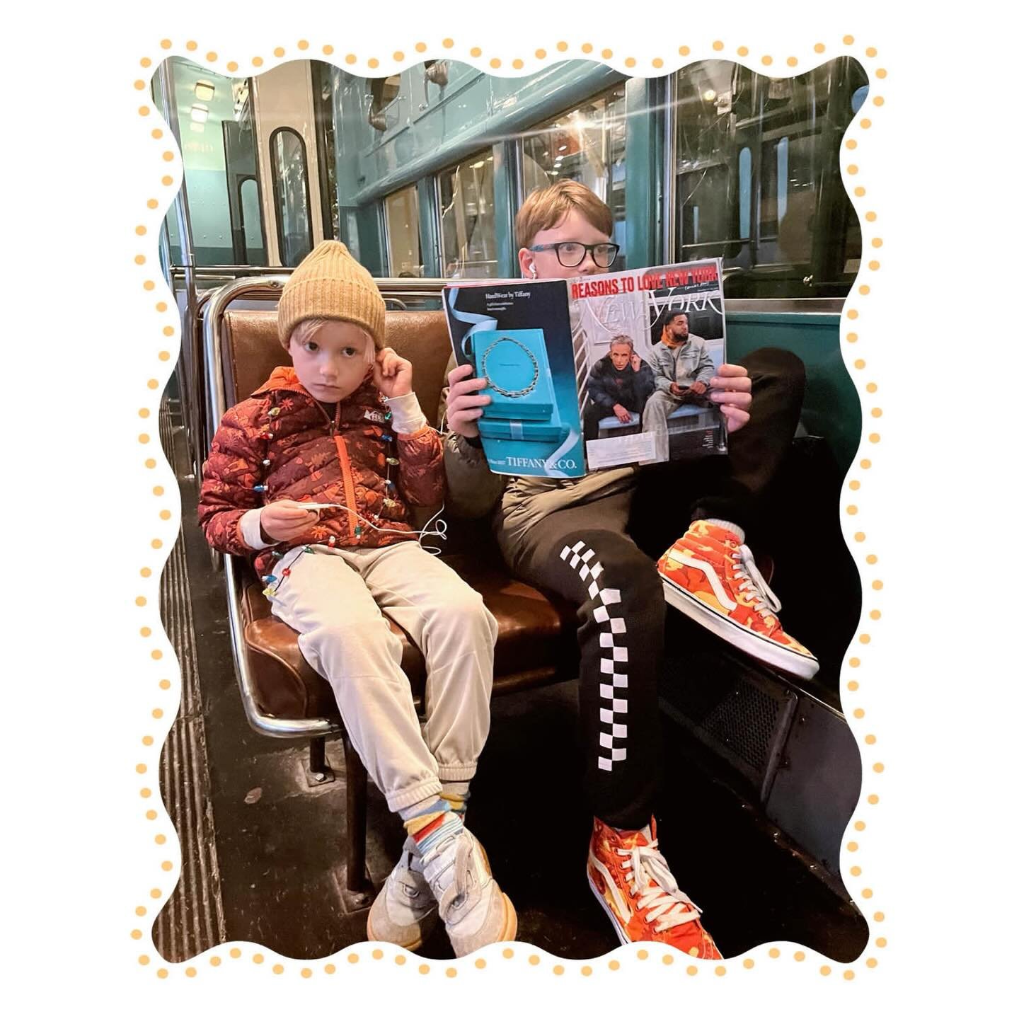 Our unconventional holiday card ✨ A photo the boys and I staged in an old Subway car at the American History museum, and a nod to one of my favorite covers of the year. The caption reads: &ldquo;Reasons to Love New York: Because people are sharing he