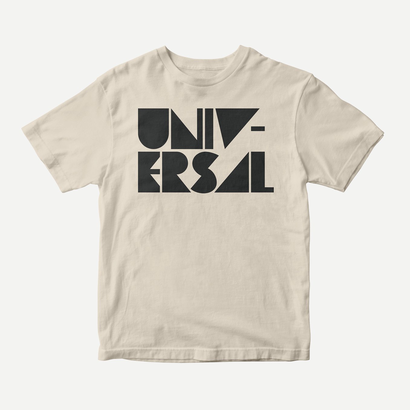 Natural tee with the word Universal written in a black, block font across the front on a gray background.