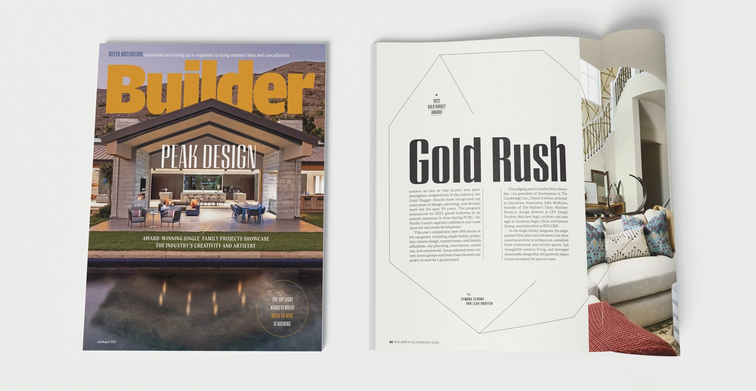Builder cover featuring a house with a sharply peaked roof covering some cozy outdoor space, overlooking a pool. The headline reads "Peak Design". A spread on the right features the outline of a gold nugget with large type saying Gold Rush.