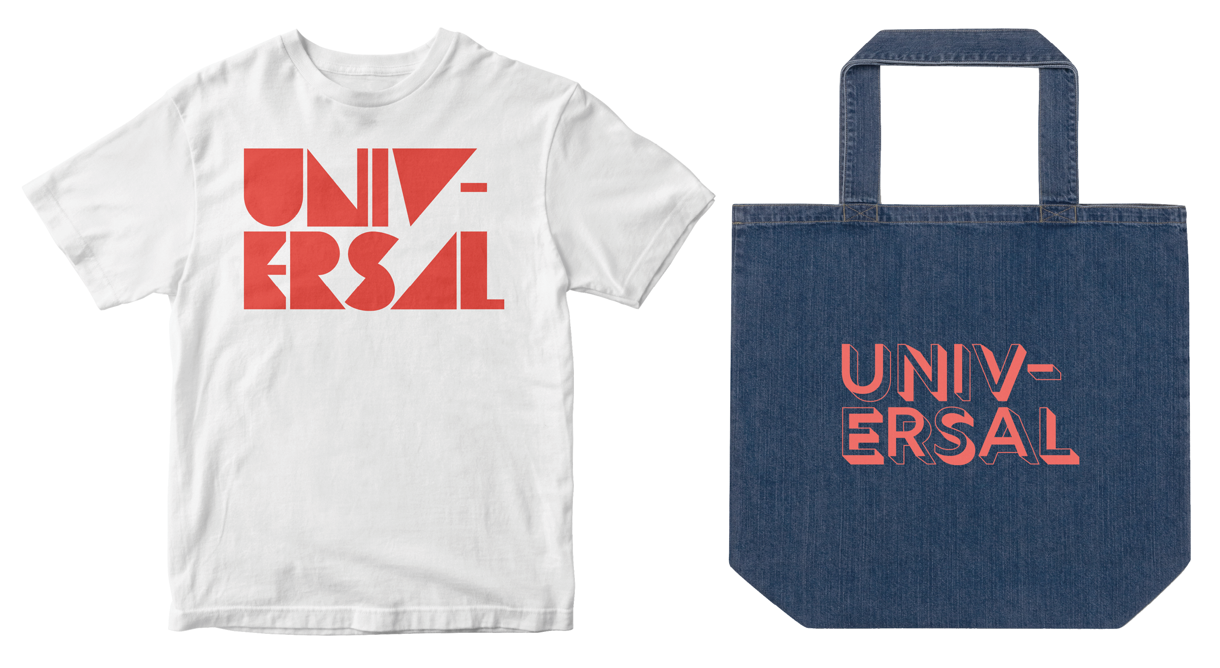 Image of a white t-shirt next to a denim tote bag, both with the word "Universal" in red, lying flat on a white background.