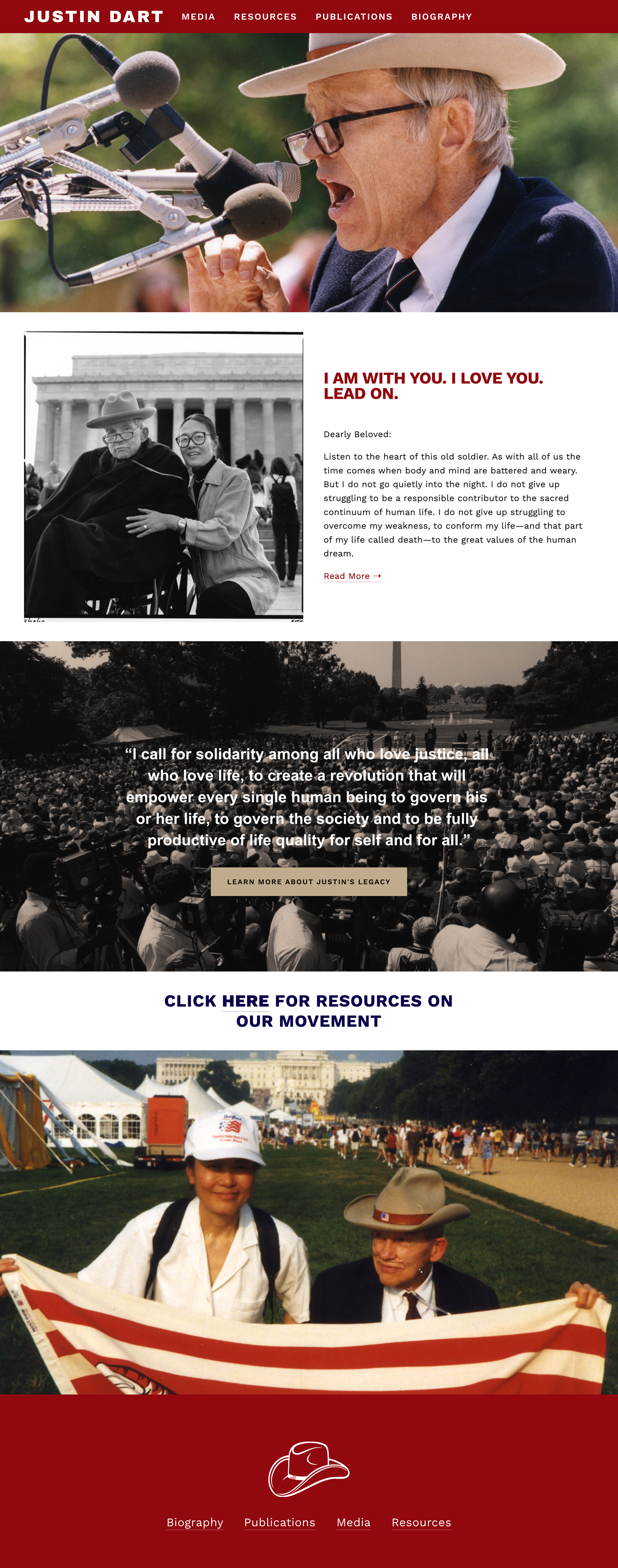 Screenshot of a website home page with a red navigation bar at top along with a large image of Justin Dart speaking at an event with a cowboy hat. The next section starts a letter he wrote and is accompanied by a photo of him and his partner, Yoshiko