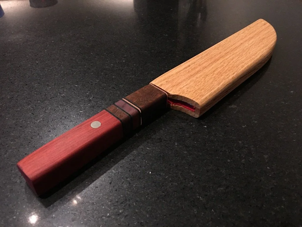 L6 Gyuto with oak Saya w/Bloodwood, IPE, Copper accents in handle