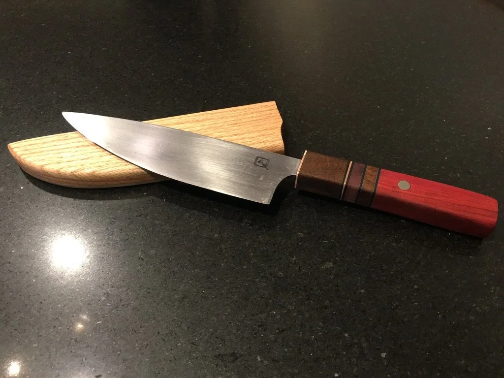 L6 Gyuto with oak Saya w/Bloodwood, IPE, Copper accents in handle