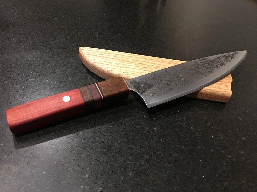 L6 Gyuto with oak Saya w/Bloodwood, IPE, Copper accents in handle