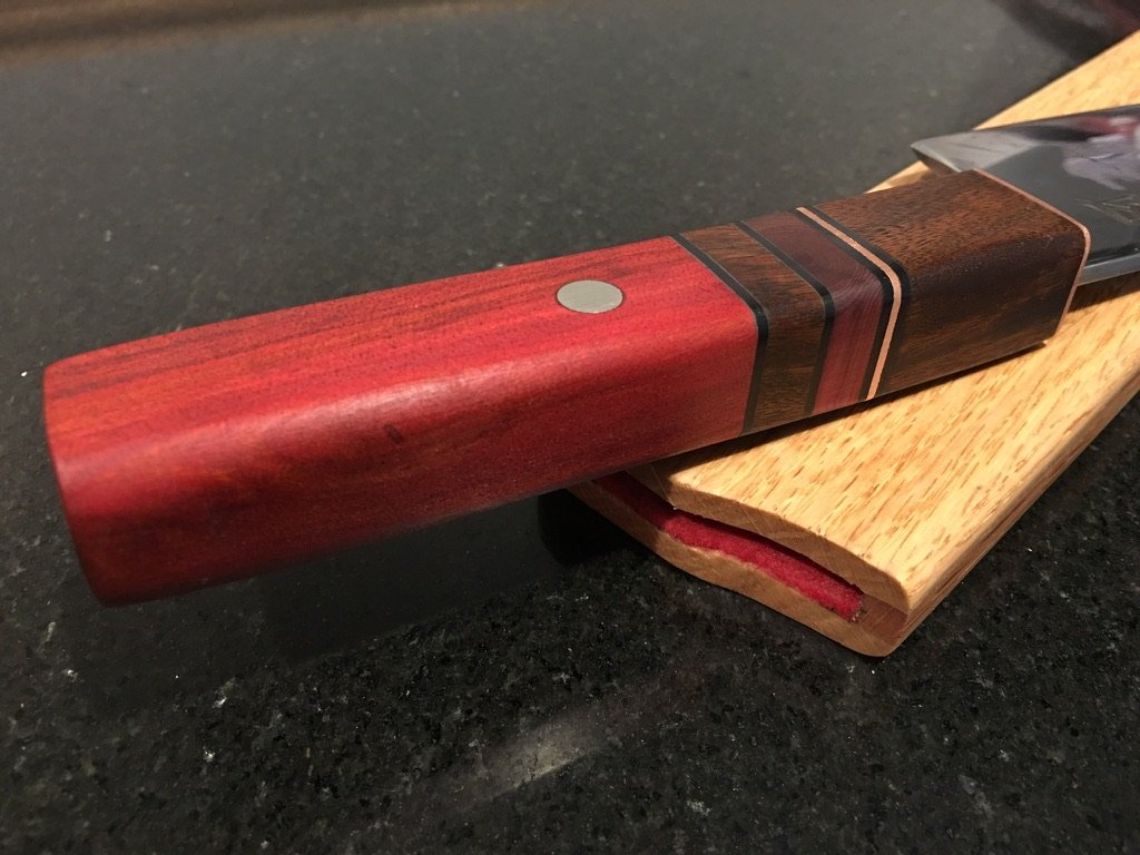 L6 Gyuto with oak Saya w/Bloodwood, IPE, Copper accents in handle