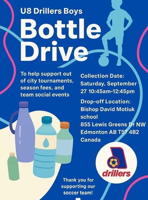 Our U8 boys team is hosting a bottle drive this Saturday. 10:45am to 12:45pm.

Any assistance helps our young athletes.