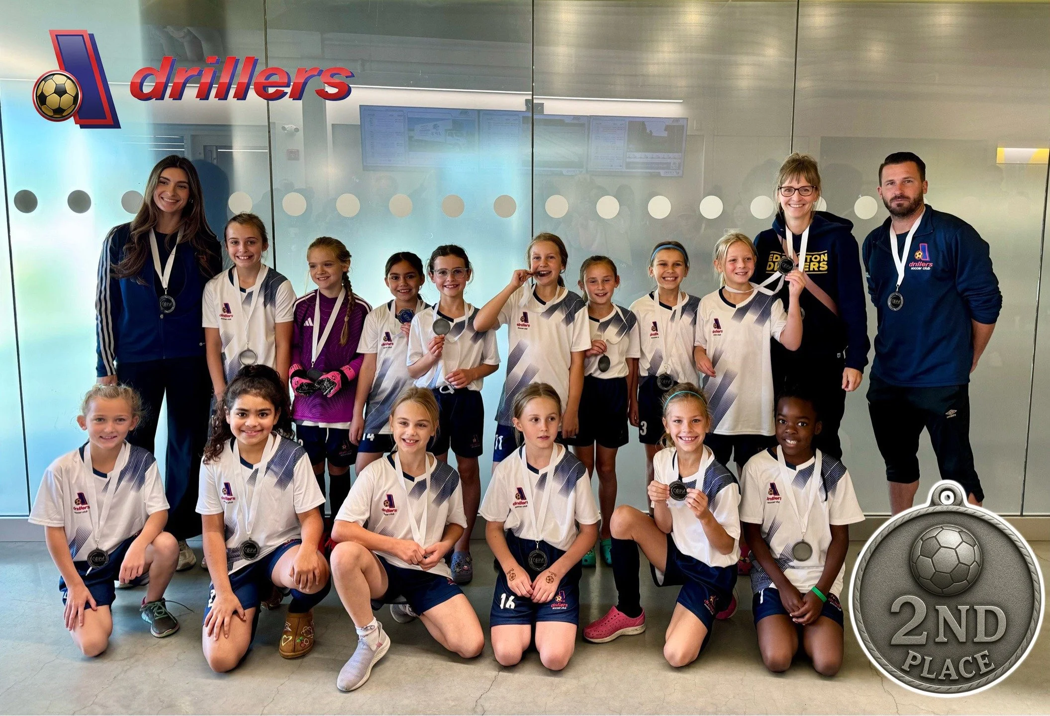 Our U10 T1 Girls team has some new jewelry from this weekends COPA Tournament. Taking home 2nd place! Way to go ladies! 
#emsa #yegsoccer #drillerssoccer
