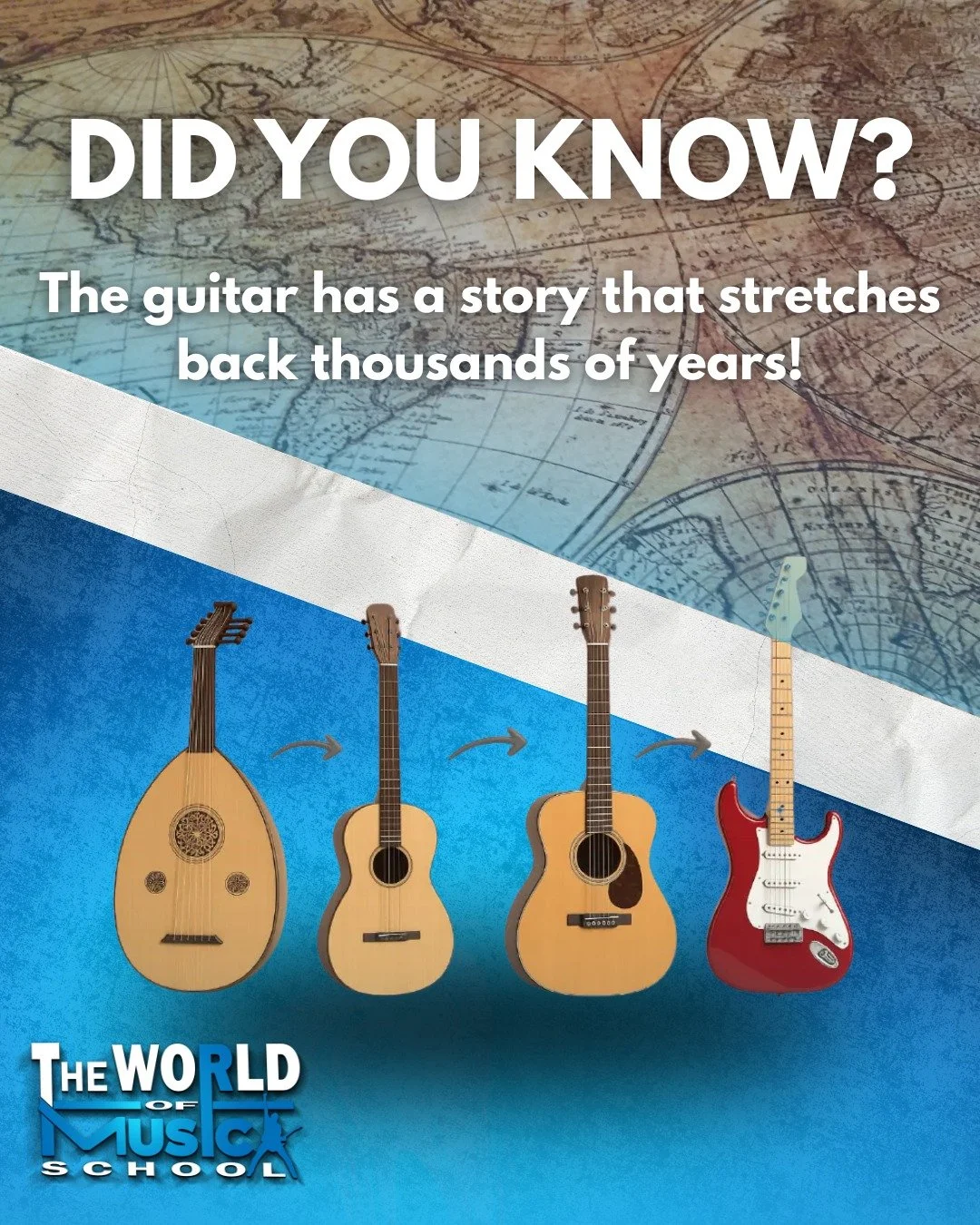 🎸 DID YOU KNOW? 🎸

The guitar has a story that stretches back thousands of years! 🌍

It all began with ancient stringed instruments from Mesopotamia and Greece, evolving through the lute and the Arabic oud &mdash; the true ancestors of today&rsquo