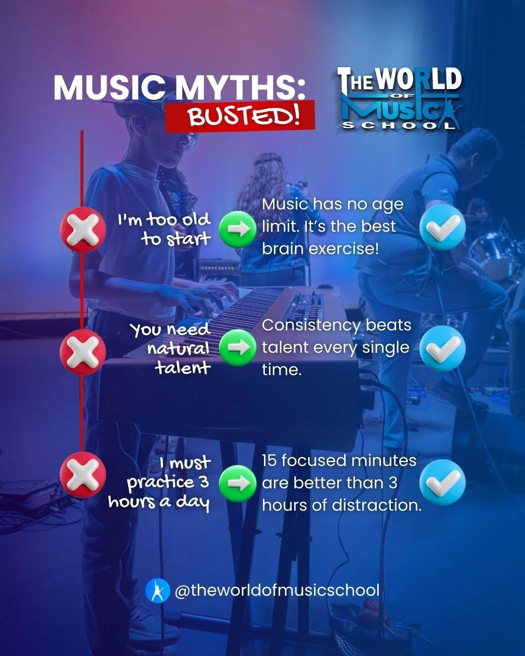 🚫🎶 &ldquo;I missed my chance.&rdquo;
How many times have you told yourself that when it comes to music?

At The World of Music School, we see it all the time &mdash; the real obstacle isn&rsquo;t time, money, or even ability. It&rsquo;s the story p