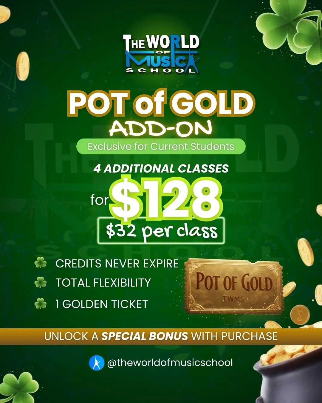 🍀✨ SOMETHING GOLDEN JUST LANDED AT TWMS&hellip; ✨🍀

March is not a normal month at The World of Music School.

We&rsquo;ve just launched a limited-time promotion called &ldquo;Pot of Gold&rdquo; &mdash; and it&rsquo;s designed to reward growth, exp
