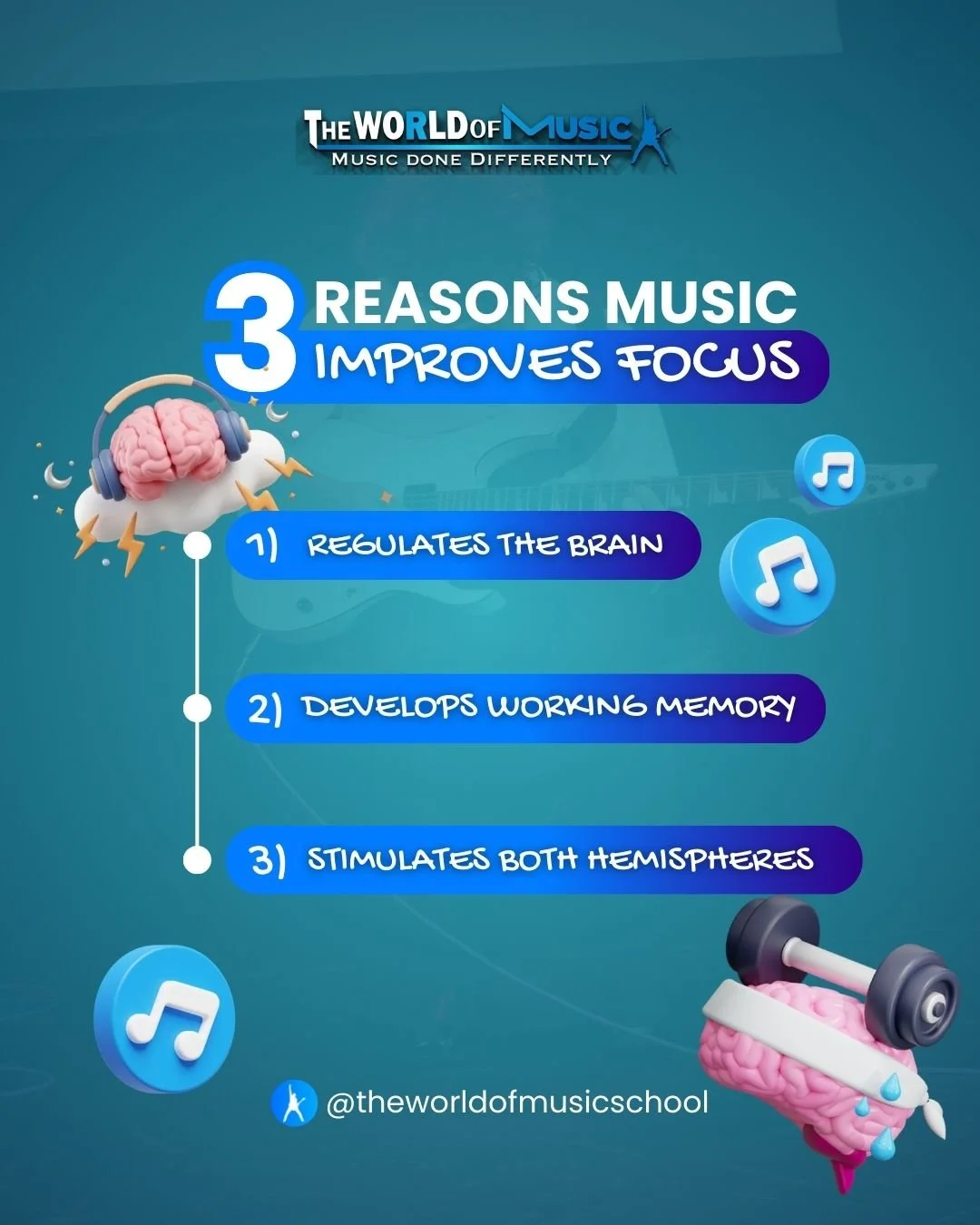 🧠🎶 3 Reasons Music Improves Focus

Did you know that learning music works like a workout for the brain?

While a student is playing an instrument, their mind is processing rhythm, movement, listening, memory, and coordination all at the same time. 
