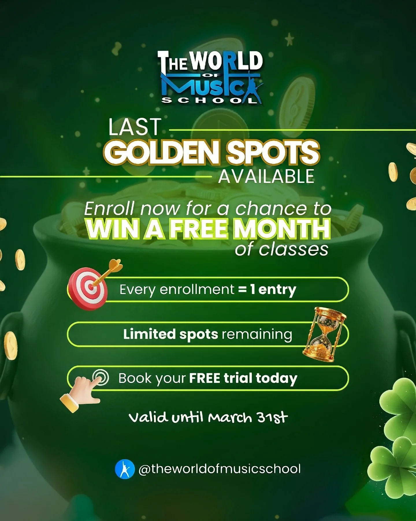 🍀✨ Last Golden Spots Available ✨🍀

This is it&hellip; the final stretch.

At The World of Music School, March is coming to a close, and with it, your chance to be part of something special.

We&rsquo;ve seen new students discover their passion, bui