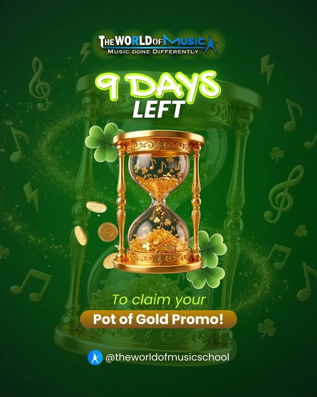 ⏳🍀 The countdown is ON &mdash; only a few days left.

March is coming to an end at The World of Music School, and with it&hellip; our Pot of Gold promotions.

The response has been incredible.
Schedules are filling.
Spots are becoming limited.

If y