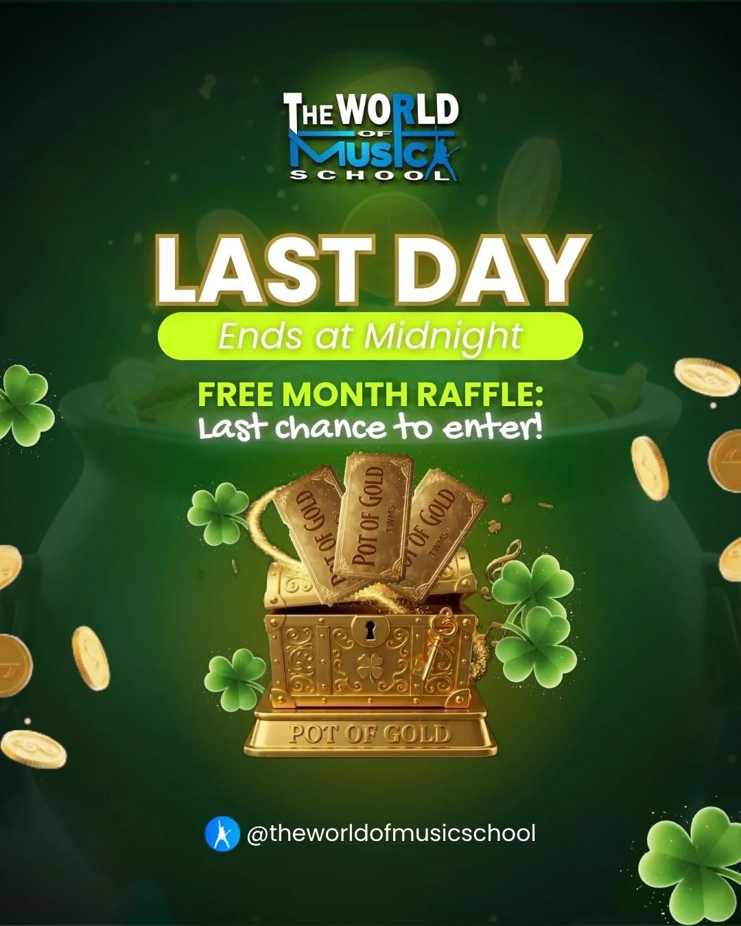 ⏳🍀 LAST DAY.

Tonight at midnight&hellip; it&rsquo;s over.

Our March promotions at The World of Music School officially close, and with them, the opportunity to start your child&rsquo;s musical journey with this limited-time offer.

No extensions.
